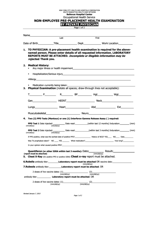 Non-Employee Pre-Placement Health Examination Printable pdf