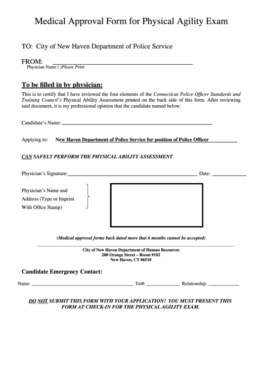 Medical Approval Form For Physical Agility Exam Printable pdf