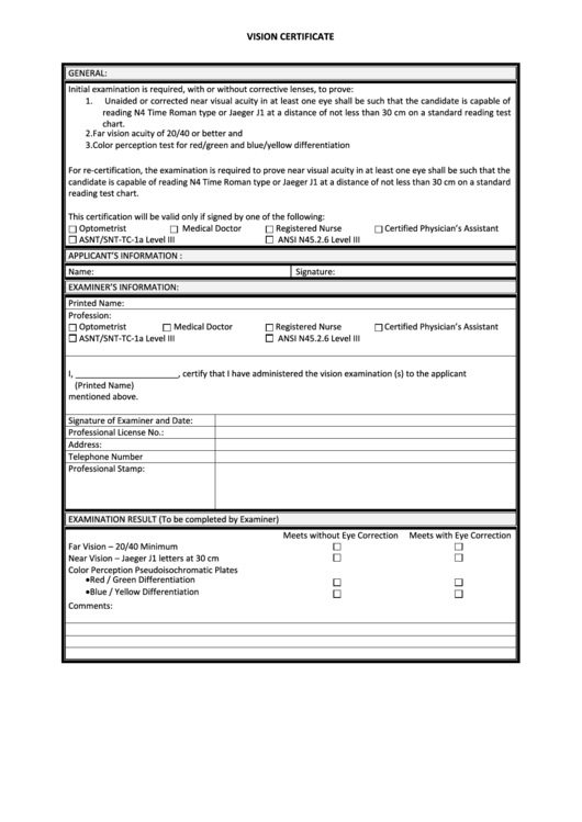 Vision Certificate Printable pdf