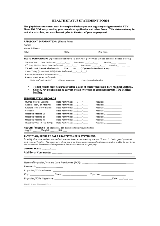 Health Status Statement Form Printable pdf