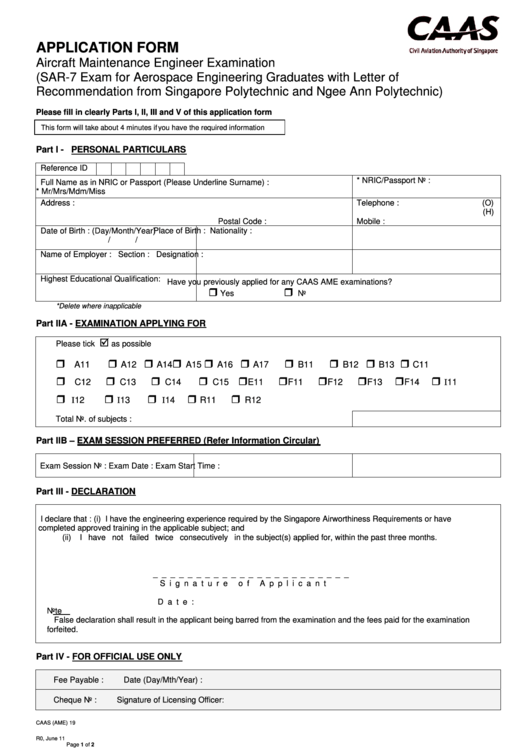 Caas (Ame) 19 - Application Form For Aircraft Maintenance Engineer Examination Printable pdf