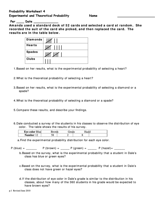 Experimental And Theoretical Probability Worksheet Template Printable pdf