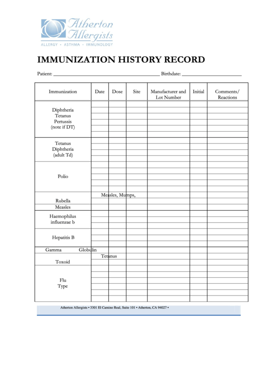 Immunization History Record Printable pdf