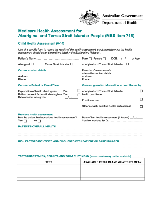 Medicare Health Assessment For Aboriginal And Torres Strait Islander People (Mbs Item 715) Printable pdf