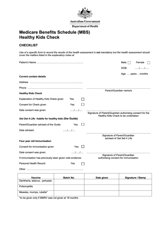 Medicare Benefits Schedule (Mbs) Healthy Kids Check Printable pdf