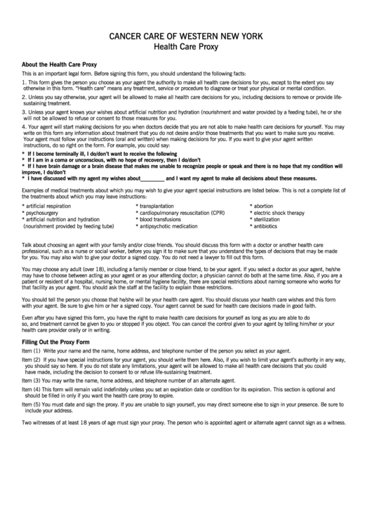 Cancer Care Of Western New York Health Care Proxy Form Printable pdf