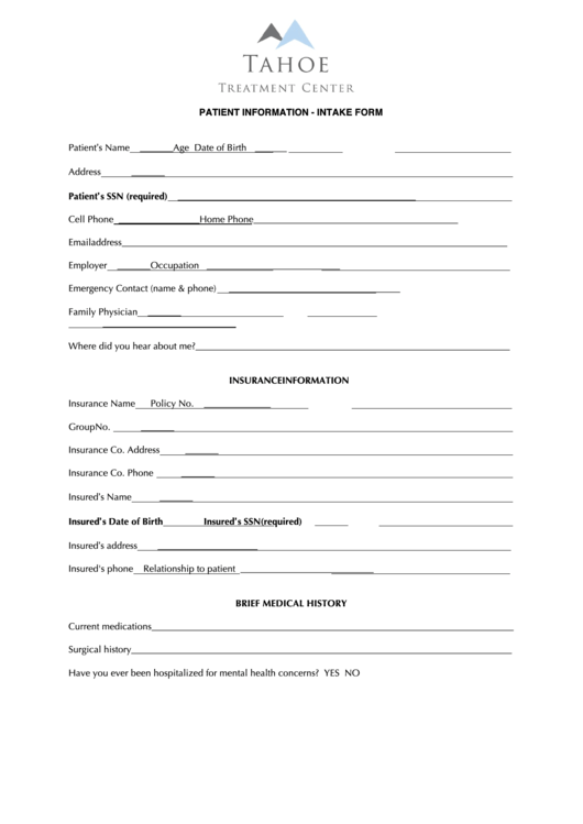 Patient Information Intake Form Printable pdf