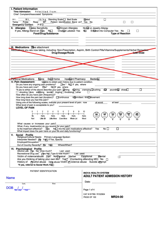Adult Patient Admission History Printable pdf