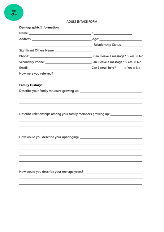 Adult Intake Form Printable pdf