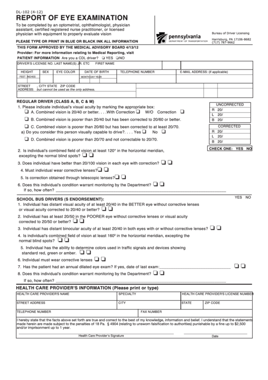 Form Dl-102 - Report Of Eye Examination Template