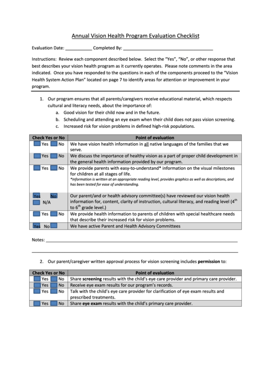 Annual Vision Health Program Evaluation Checklist Printable pdf