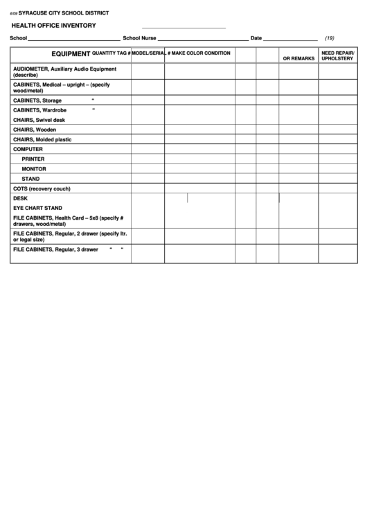 Syracuse City School District Health Office Inventory Printable pdf