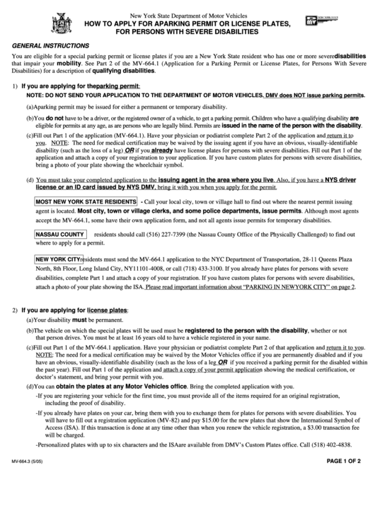 Form Mv-664.3 - Disabled Parking Permit Or License Plates Application Printable pdf