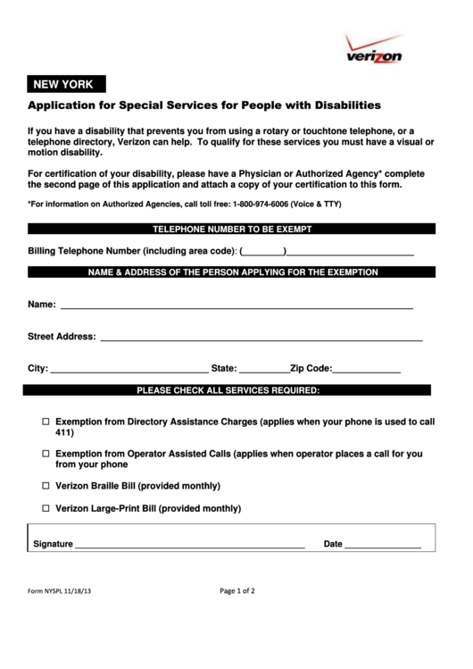 Form Nyspl - Application For Special Services For People With Disabilities - Verizon