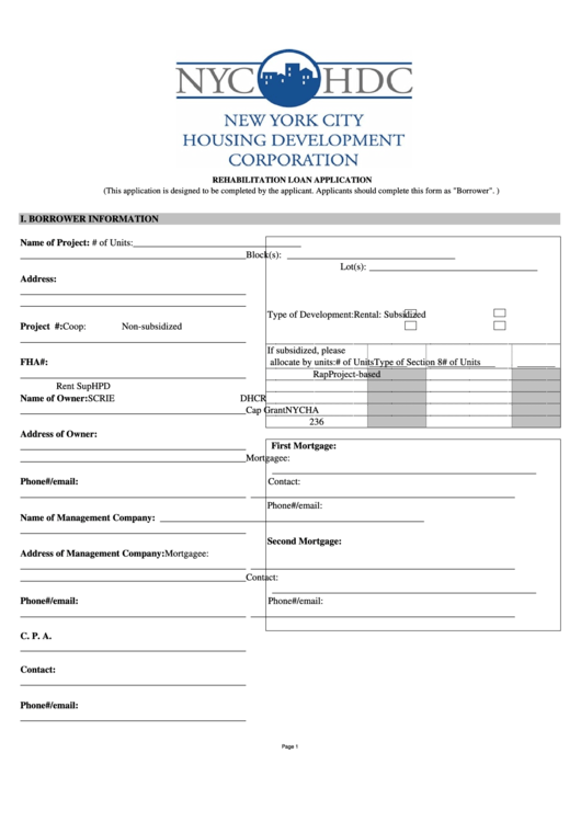 Nyc Hdc Rehabilitation Loan Application Printable pdf