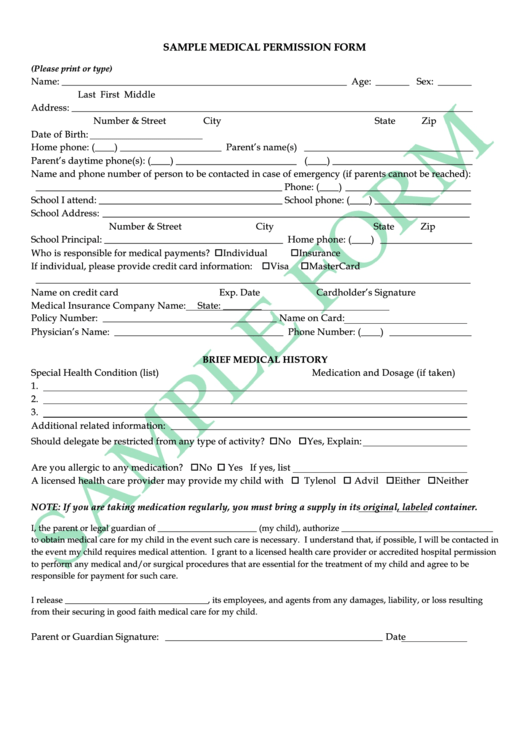 Sample Medical Permission Form Printable pdf