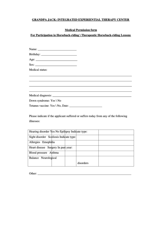 Medical Permission Form Printable pdf