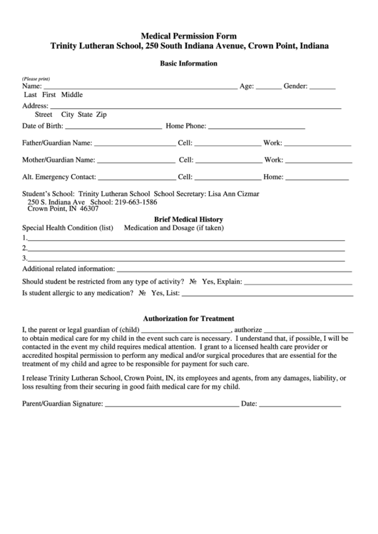 Medical Permission Form For School Printable pdf