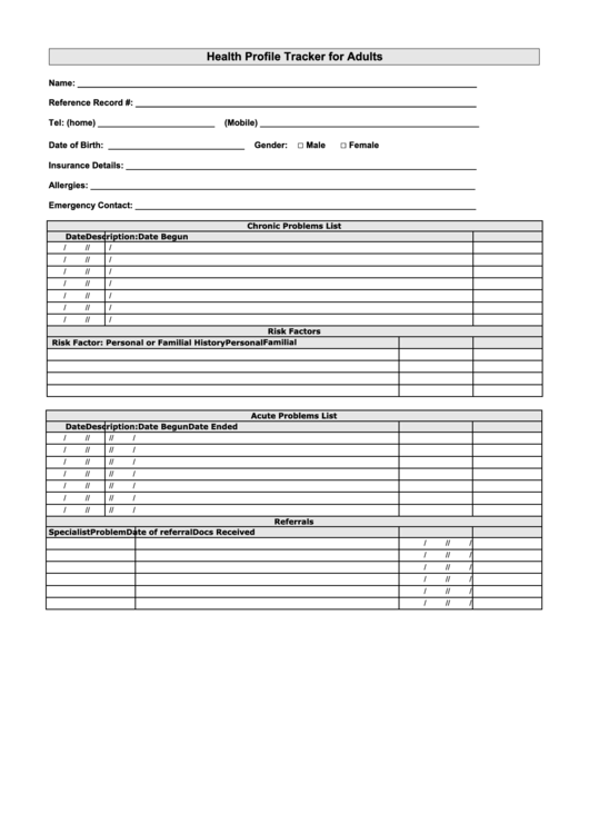 Health Profile Tracker For Adults Printable pdf