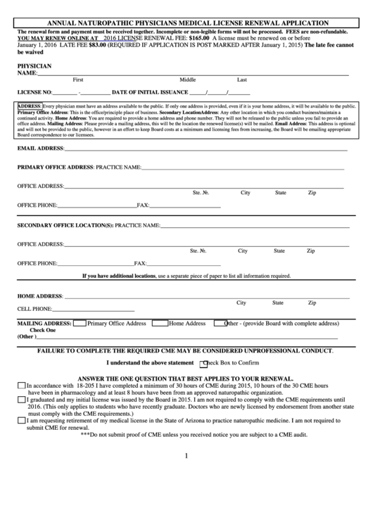 Annual Naturopathic Physicians Medical License Renewal Application Printable pdf