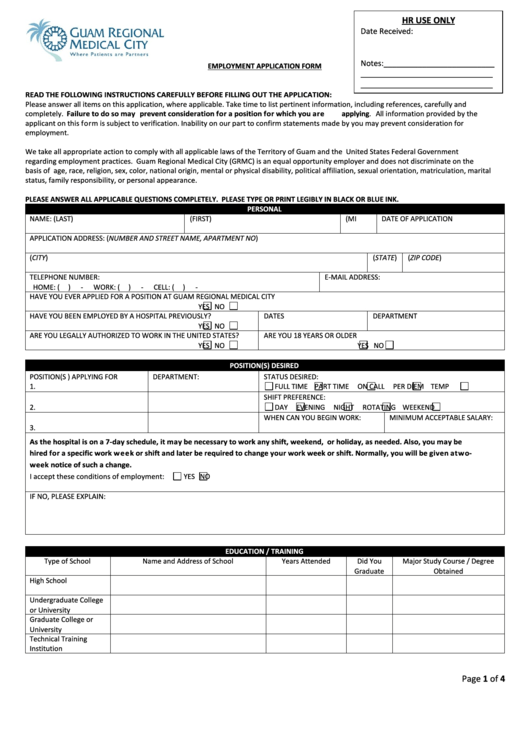 Guam Regional Medical City Employment Application Form Printable pdf