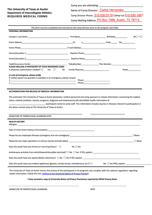 Required Medical Forms University Of Texas At Austin Printable pdf