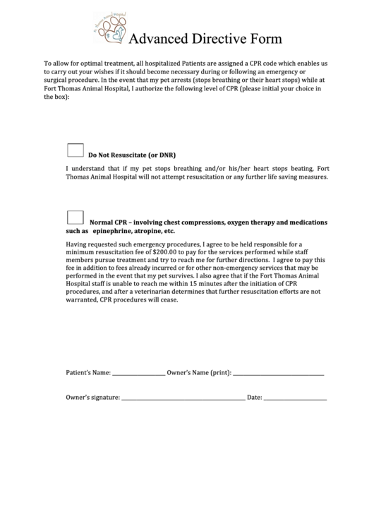 Advanced Directive Form Pet Care Printable pdf