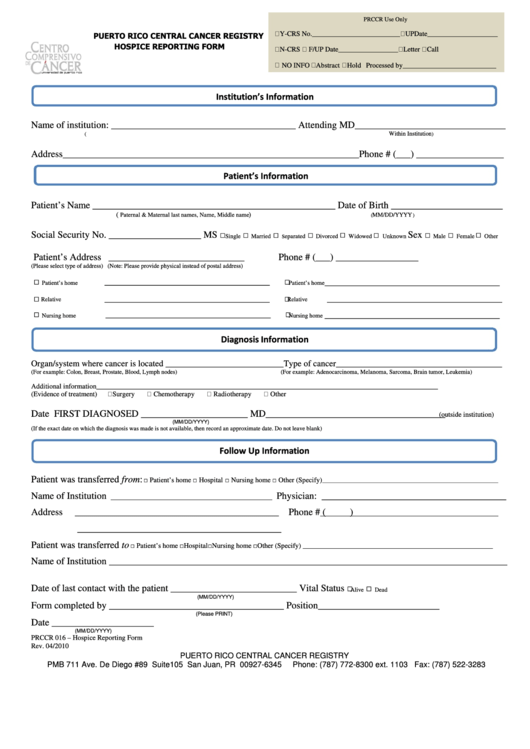 Puerto Rico Central Cancer Registry Hospice Reporting Form