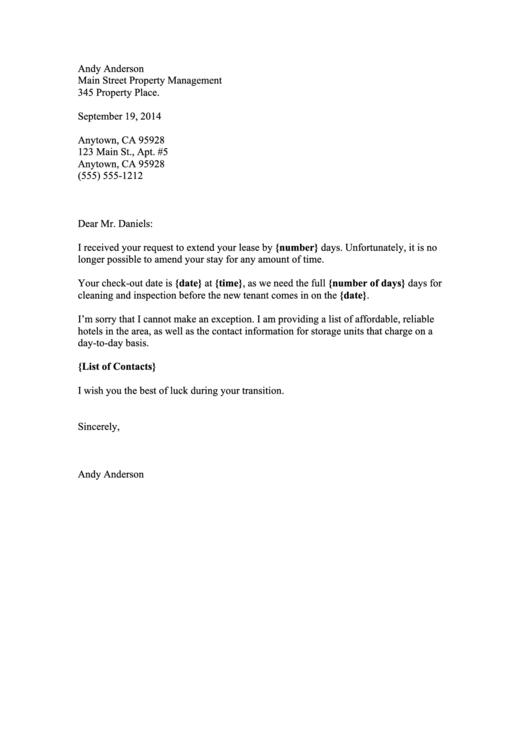 Lease Extension Rejection Letter Template