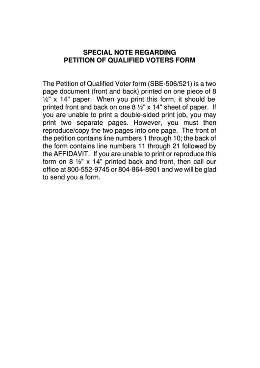 Form Sbe-506/521 - Petition Of Qualified Voters Printable pdf