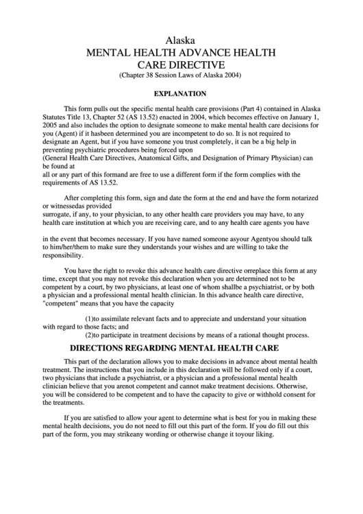 Mental Health Advance Health Care Directive Printable pdf