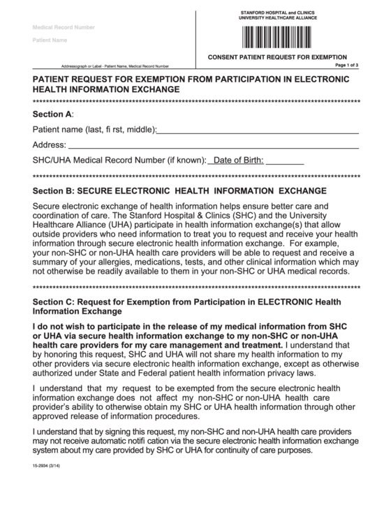 Patient Request For Exemption From Participation In Electronic Health Information Exchange Printable pdf