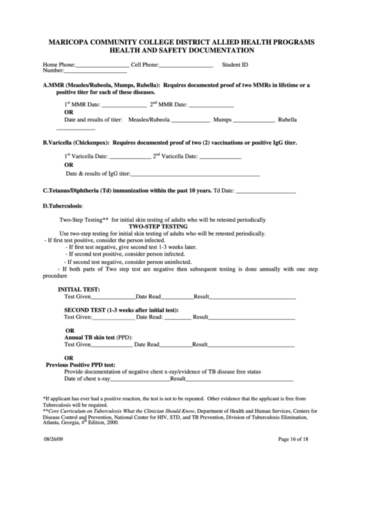 Health And Safety Documentation Form - Maricopa Community College District Allied Health Programs Printable pdf