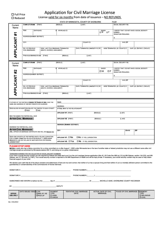 Application For Civil Marriage License Printable pdf