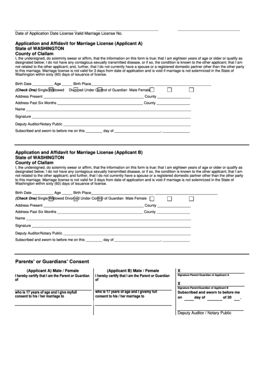 Application And Affidavit Template For Marriage License (Applicant A) Printable pdf