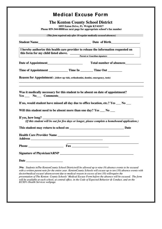 Medical Excuse Form Printable pdf