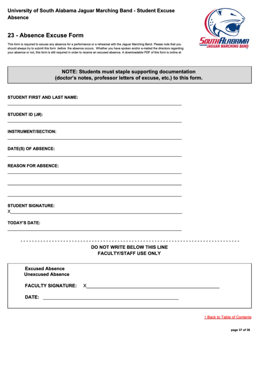 Absence Excuse Form Printable pdf