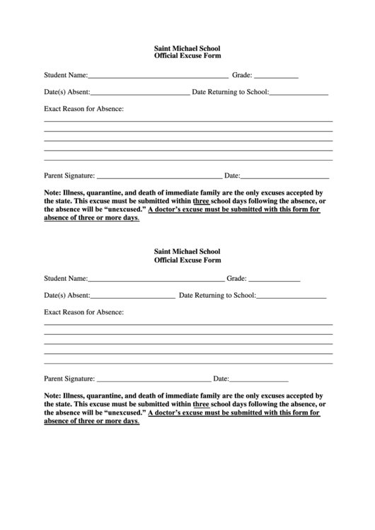 Saint Michael School Official Excuse Form Printable pdf