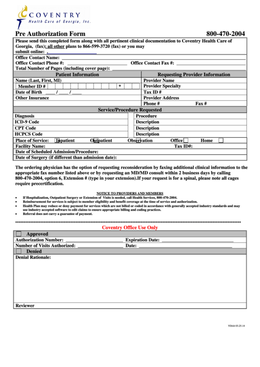 Pre Authorization Form Printable Pdf Download 0943