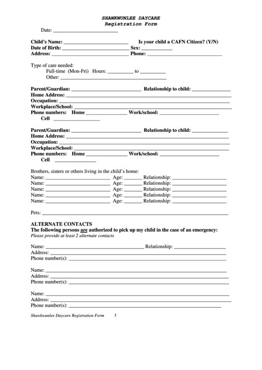 Sample Daycare Registration Form Printable pdf