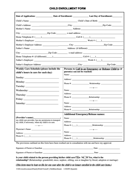 Child Enrollment Form Printable pdf