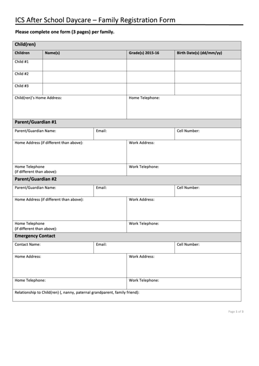 Ics After School Daycare - Family Registration Form Printable pdf