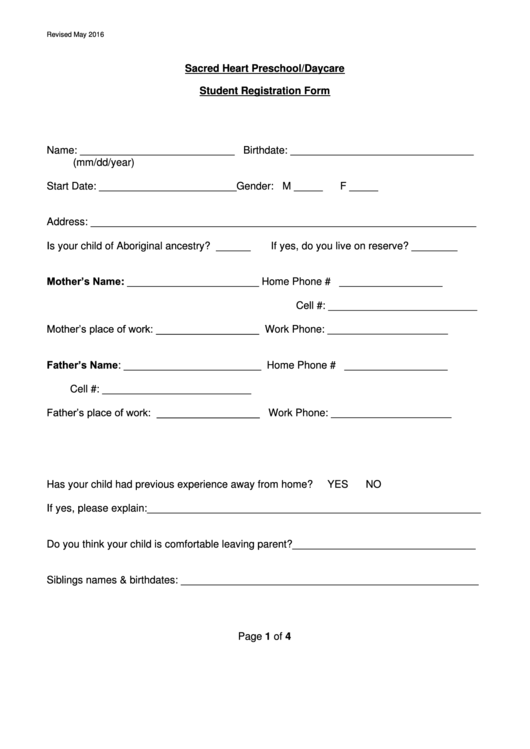 Preschool/daycare Student Registration Form Printable pdf