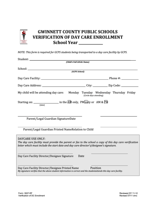 Verification Of Day Care Enrollment Form Printable pdf