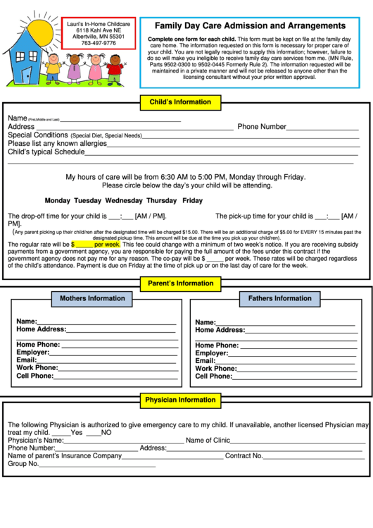 Family Day Care Admission And Arrangements Printable pdf