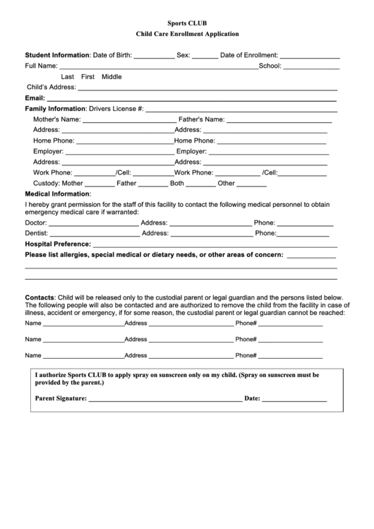 Sports Club Child Care Enrollment Application Form Printable pdf