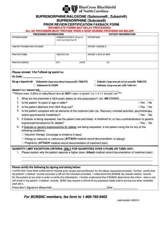 Bcbsnc Prior Review/certification Faxback Form Printable pdf