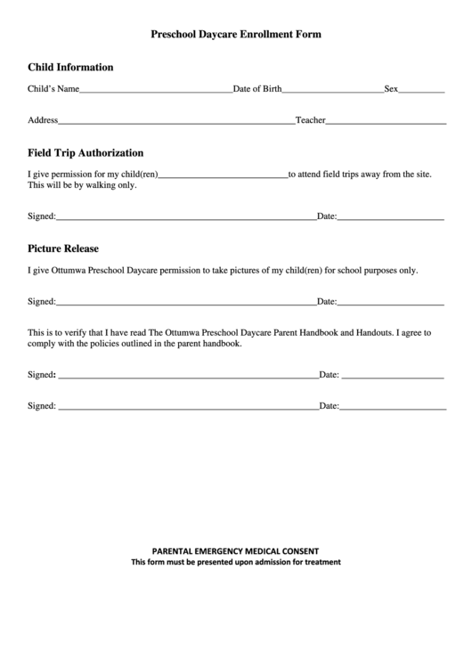 Daycare Tuition Program Enrollment Form Printable pdf