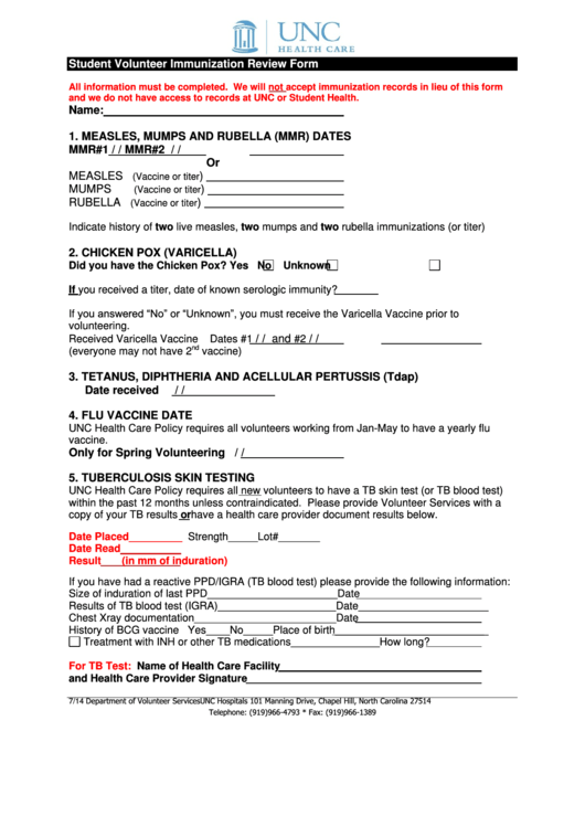 Student Volunteer Immunization Review Form Printable pdf