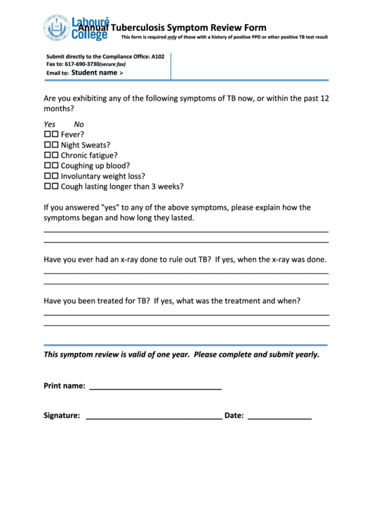 Annual Tuberculosis Symptom Review Form Printable pdf
